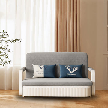 Cotton Linen Two-Seater Sofa Bed with Storage & Square Arms in Light Gray, Dark Gray, Blue